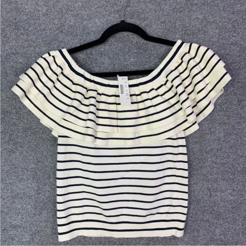 J. Crew Black and White Striped Off-Shoulder Ruffle Knit Top